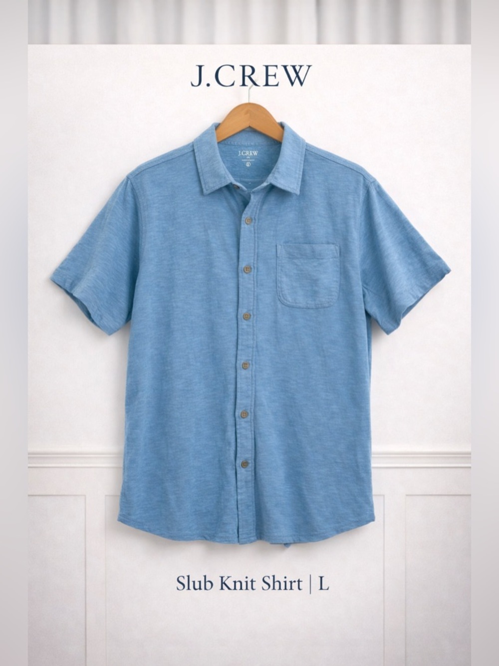 J.Crew Slub Knit Cotton Button Up Polo Blue Short Sleeve Shirt Size L